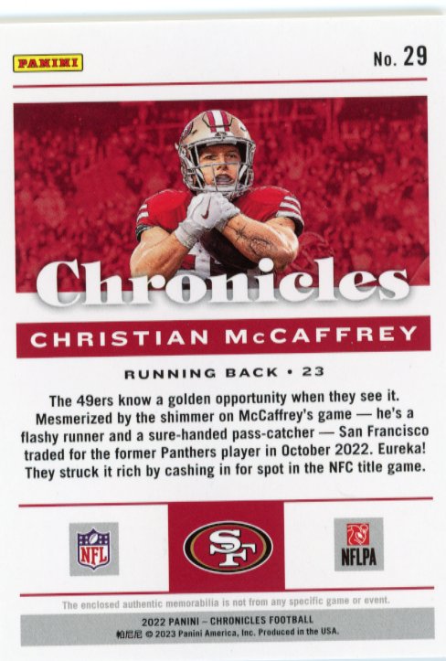 2022 Panini Chronicles Christian McCaffrey #29 - #/199 Relic 49ers