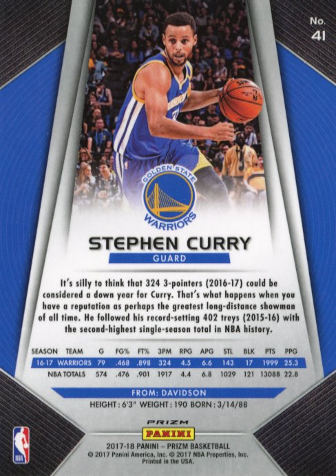 2017/18 Panini Prizm Stephen Curry #41 - Hyper Prizm Warriors