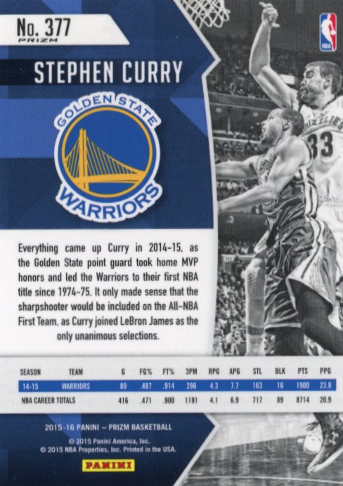 2015/16 Panini Prizm Stephen Curry All-NBA #377 - Shock Prizm Warriors