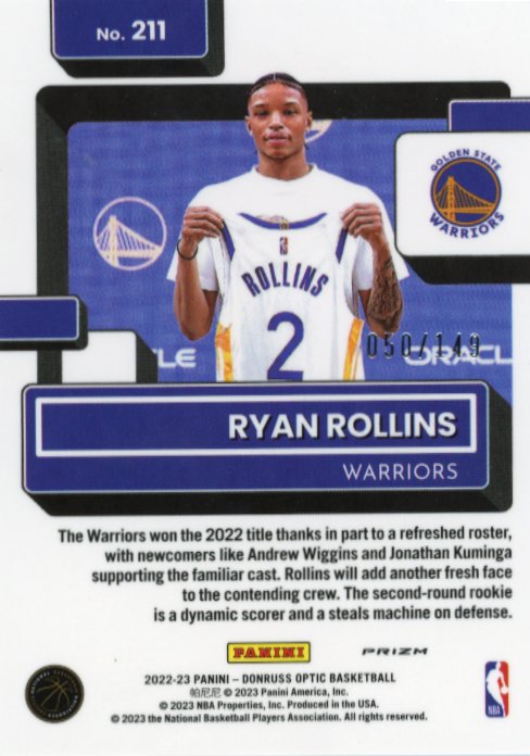 2022/23 Panini Donruss Optic Ryan Rollins Rated Rookie #211 - Lime Green #/149 Warriors