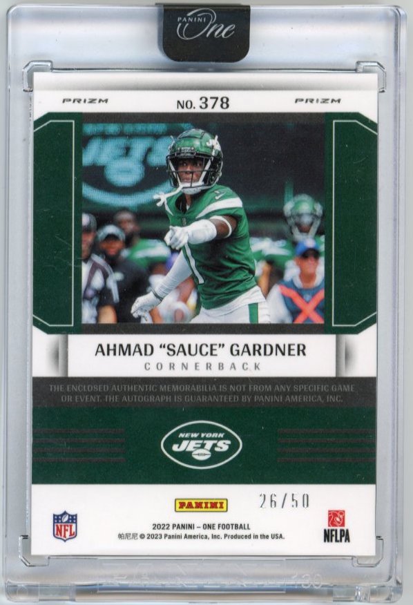 2022 Panini One Ahmad "Sauce" Gardner Rookie Fractal RC #378 - Autograph Relic #/50 Jets