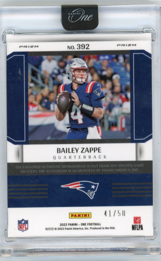 2022 Panini One Bailey Zappe Rookie Fractal RC #392 - Autograph Relic #/50 Patriots