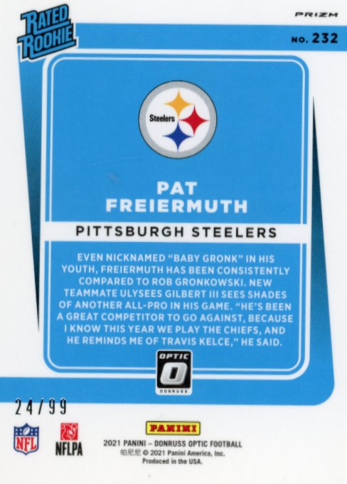 2021 Panini Donruss Optic Pat Freiermith Rated Rookie #232 - Red #/99 Steelers