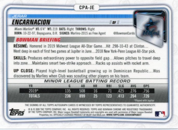 2020 Bowman Chrome Jerar Encarnacion 1st #CPA-JE - #/250 Purple Autograph Marlins