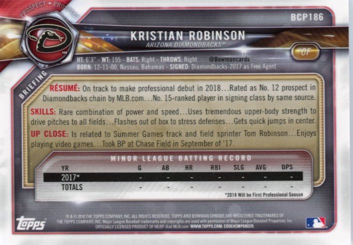 2018 Topps Bowman Chrome Kristian Robinson 1st Bowman #BCP186 - Orange #/25 Diamondbacks