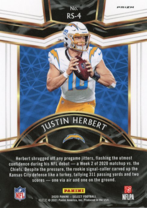 2020 Panini Select Justin Herbert Rookie Selections RC #RS-4 - Silver Chargers
