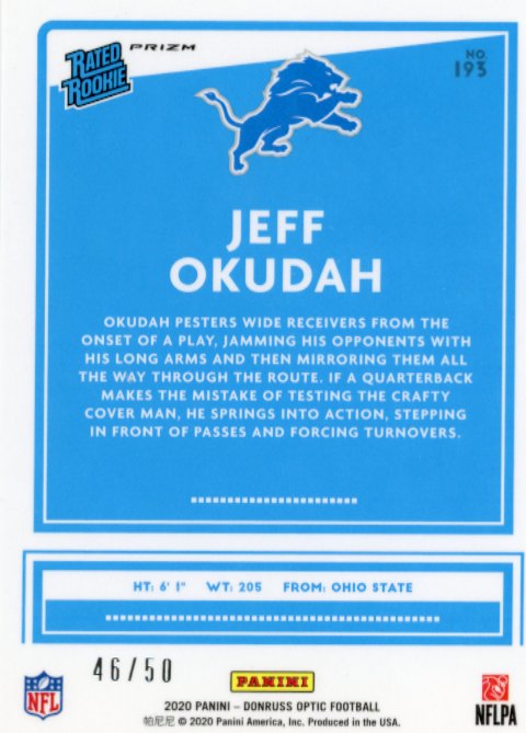 2020 Panini Donruss Optic Jeff Okudah Rated Rookie #193 - Purple #/50 Lions