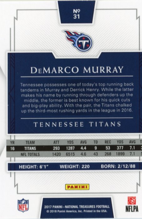 2017 Panini National Treasures DeMarco Murray #31 - #/29 Red Titans