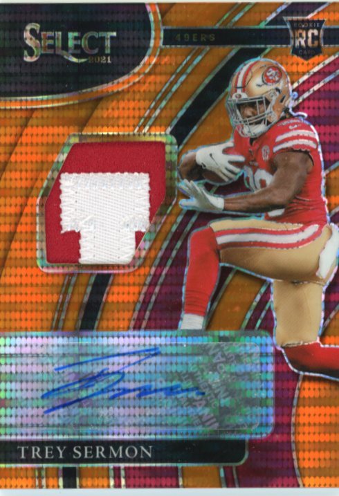 2021 Panini Select Trey Sermon RC #RSM-TSE - #/25 Autograph Relic Orange Pulsar 49ers