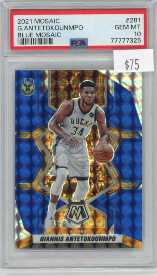 2021/22 Panini Mosaic Giannis Antetokounmpo #281 - Blue #/99 PSA 10 Bucks