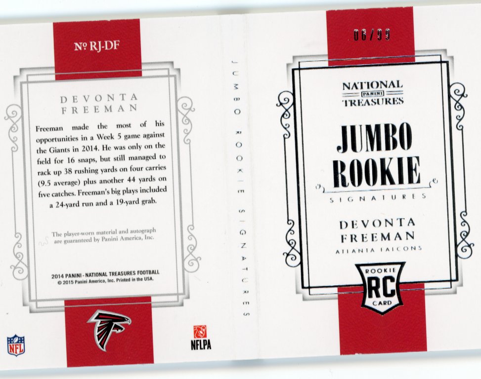 2014 Panini National Treasures DeVonta Freeman Jumbo Rookie Signatures RC #RJ-DF - Patch Autograph #/99 Vertical Falcons