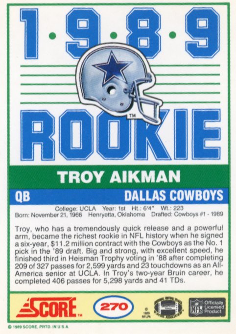 1989 Score Troy Aikman RC #270 - Cowboys