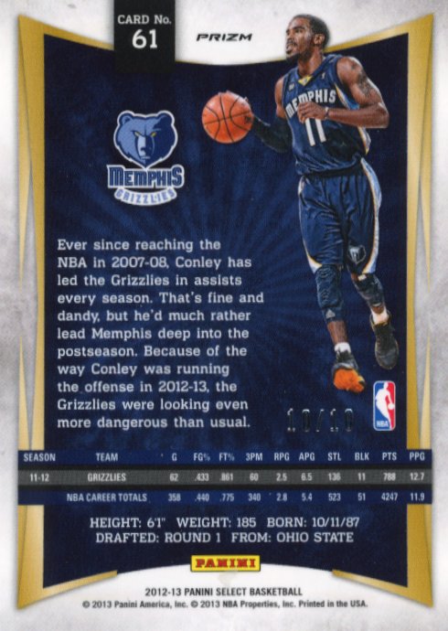 2012/13 Panini Select Mike Conley #61 - Green #/10 Grizzlies