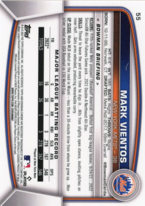 2023 Bowman Chrome Mark Vientos RC #55 - #/25 Orange Mojo Mets