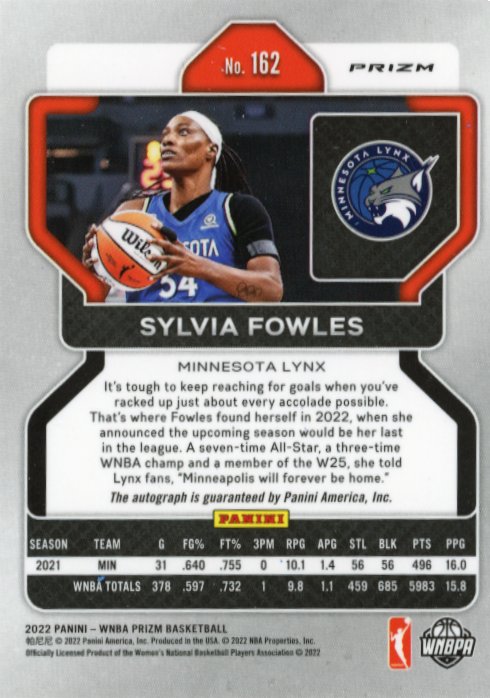 2022 Panini Prizm Sylvia Fowles #162 - Silver Autograph Lynx