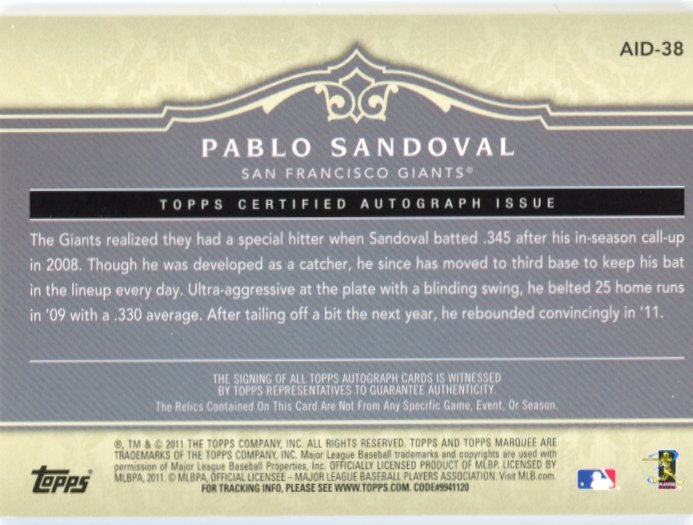 2011 Topps Marquee Pablo Sandoval Acclaimed Impressions #AID-38 - Dual Relic Autograph #/174 Giants