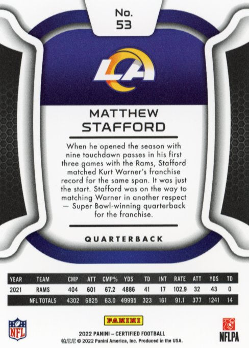 2022 Panini Certified Matthew Stafford #53 - #/15 Gold FOTL Rams