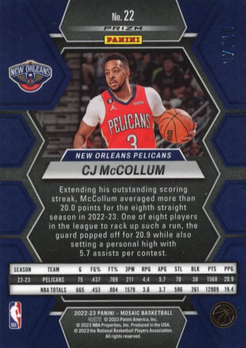 2022/23 Panini Mosaic CJ McCollum #22 - #/10 Gold Pelicans