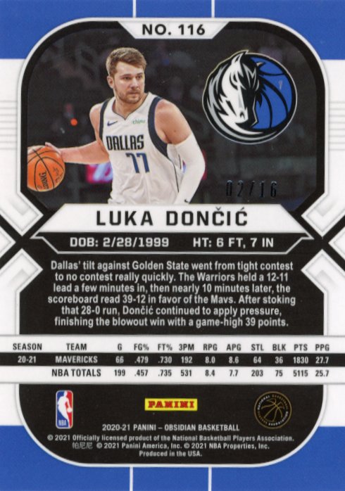 2020/21 Panini Obsidian Luka Doncic #116 - #/16 Mavericks