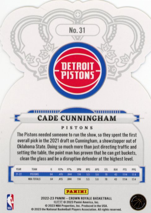 2022/23 Panini Crown Royale Cade Cunningham #31 - #/10 Gold Crystal Pistons