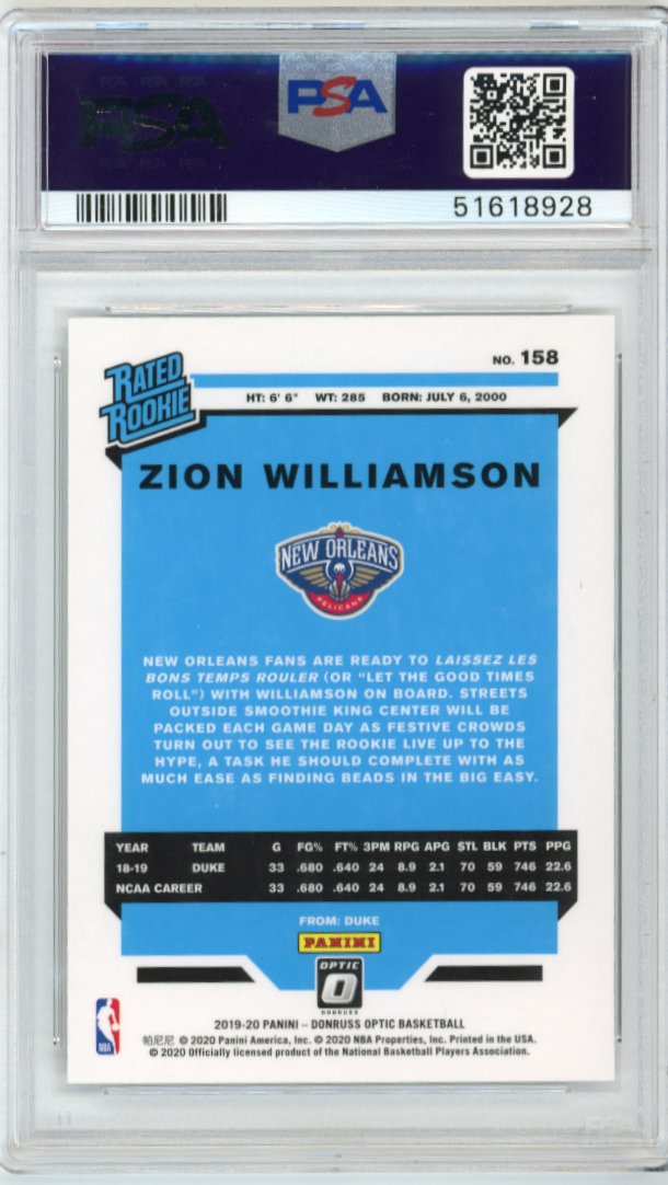 2019/20 Panini Donruss Optic Zion Williamson Rated Rookie RC #158 - PSA 10 Pelicans