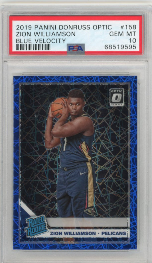 2019/20 Panini Donruss Optic Zion Williamson Rated Rookie RC #158 - Blue Velocity PSA 10 Pelicans