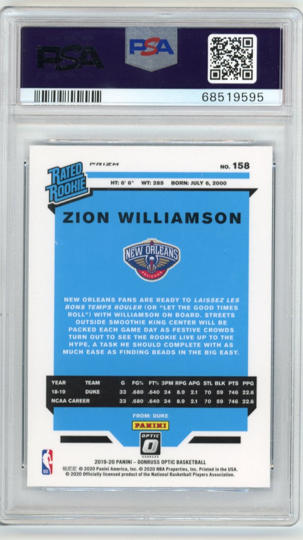 2019/20 Panini Donruss Optic Zion Williamson Rated Rookie RC #158 - Blue Velocity PSA 10 Pelicans