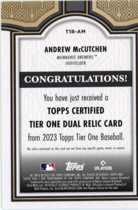 2023 Topps Tier One Andrew McCutchen #T1R-AM - Dual Relic #/25 Brewers