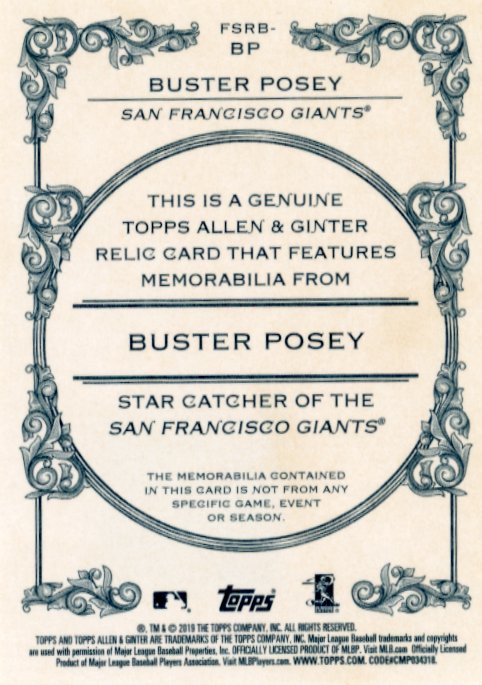 2019 Topps Allen and Ginter Buster Posey #FSRB-BP - Relic Giants