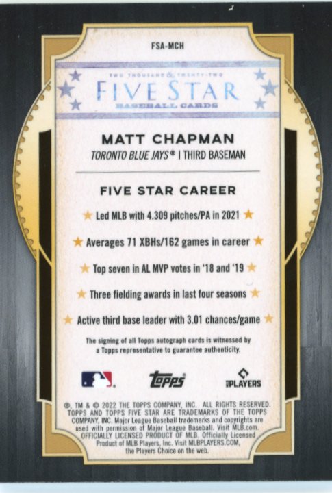 2022 Topps Five Star Matt Chapman #FSA-MCH - Autograph Blue Jays
