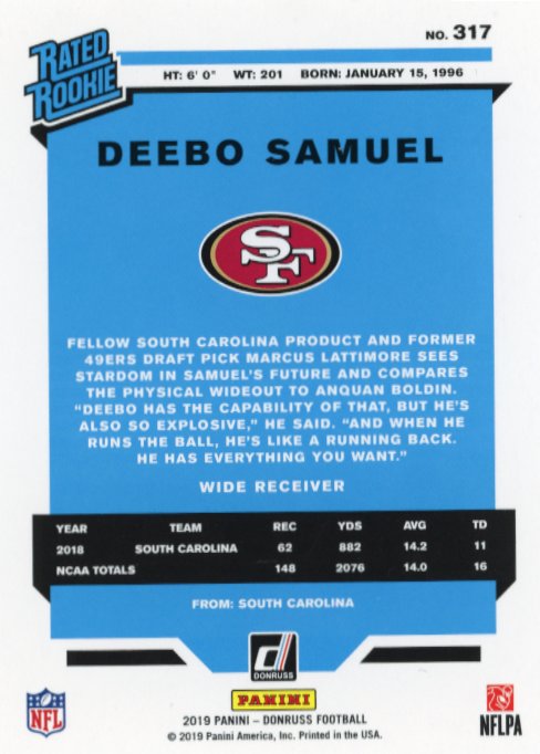 2019 Panini Donruss Deebo Samuel Rated Rookie #317 - 49ers