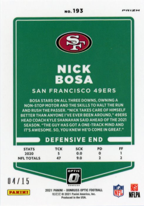 2021 Panini Donruss Optic Nick Bosa #193 - #/15 Purple Stars 49ers