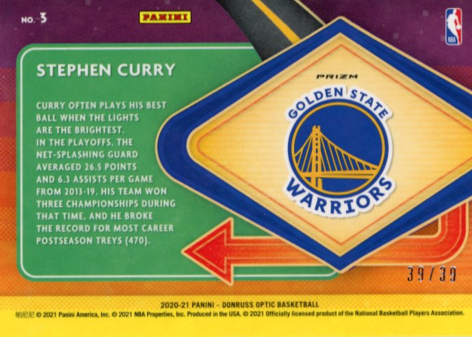 2020/21 Panini Donruss Optic Stephen Curry #3 - #/39 Orange Express Lane Warriors