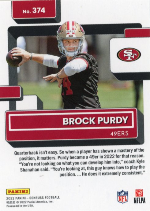 2022 Panini Donruss Brock Purdy Rated Rookie #374 - 49ers