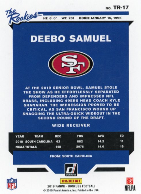 2019 Panini Donruss Deebo Samuel The Rookies RC #TR-17 - 49ers