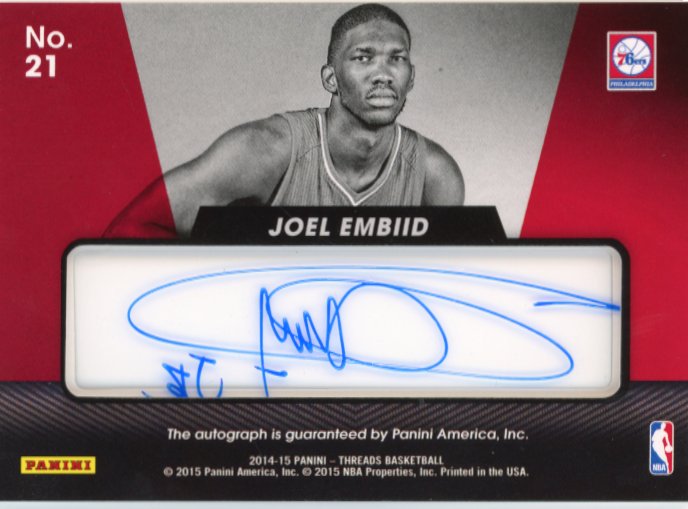 2014/15 Panini Threads Joel Embiid RC #21 - Autograph 76ers