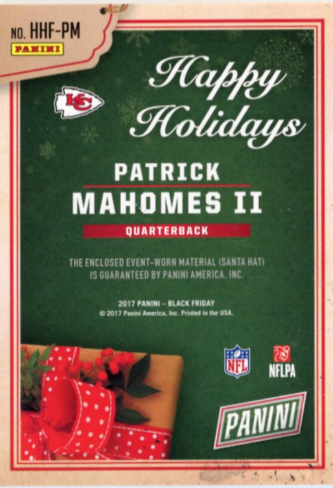 2017 Panini Black Friday Patrick Mahomes II RC #HHF-PM Happy Holidays Patch Chiefs