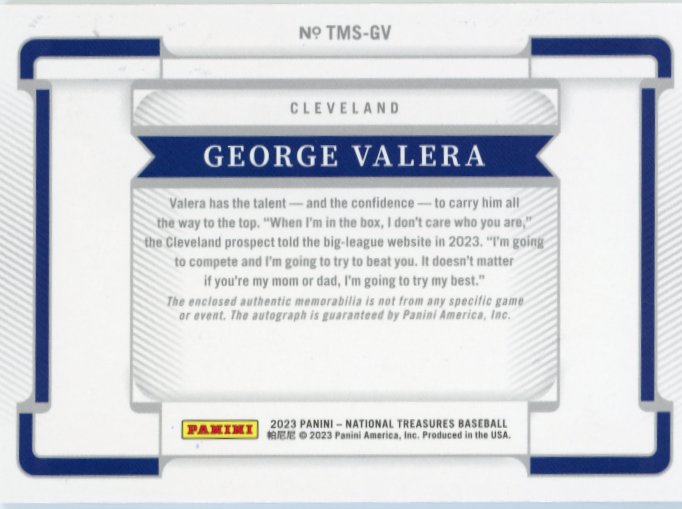 2023 Panini National Treasures George Valera #TMS-GV - #/99 Patch Autograph Guardians