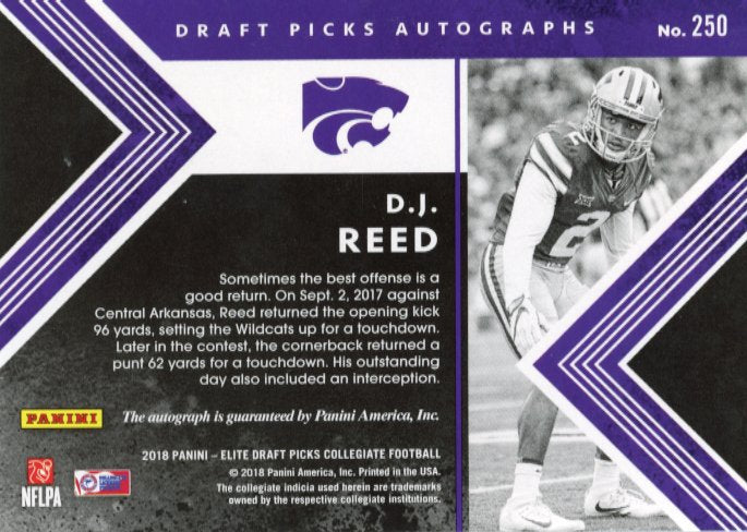 2018 Panini Elite Draft Picks Collegiate D.J. Reed #250 - #/99 Purple Autograph