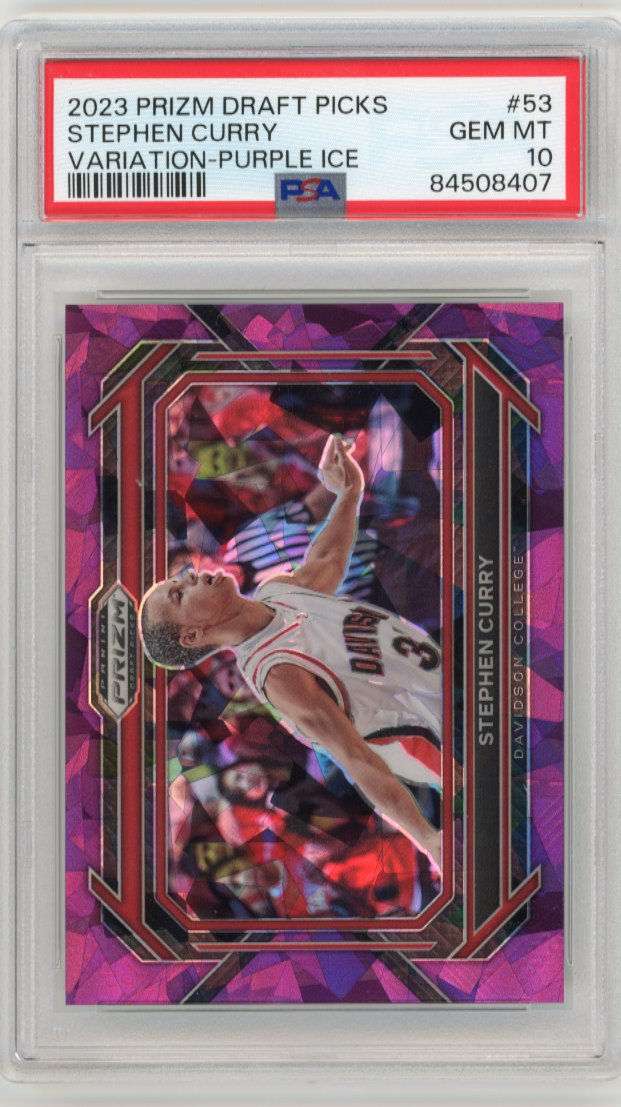 2023 Panini Prizm Draft Picks Stephen Curry #53 - #/149 Variation Purple Ice PSA 10 Warriors