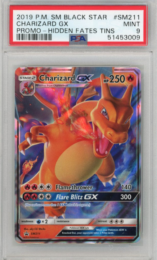 2019 Pokemon Sun & Moon Black Star Charizard GX Hidden Fates Tin #SM211 - PSA 9