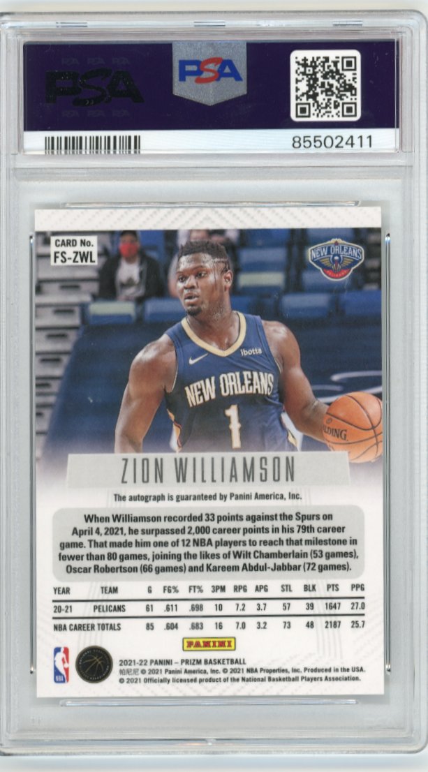 2021/22 Panini Prizm Zion Williamson #FS-ZWL - Flashback Signatures PSA 9 Pelicans