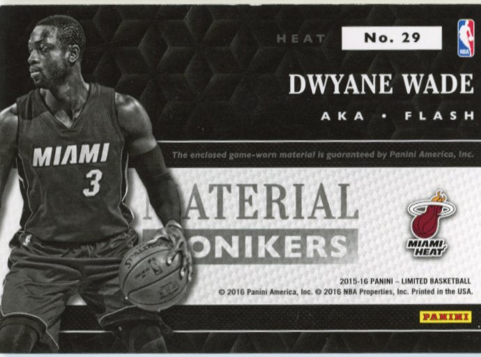 2015/16 Panini Limited Dwayne Wade Material Monikers #29 - 'Flash' Relic #/149 Heat