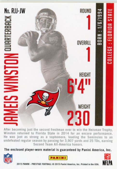 2015 Panini Prestige Jameis Winston Rookie Jumbo RC #RJJ-JW - Relic Buccaneers