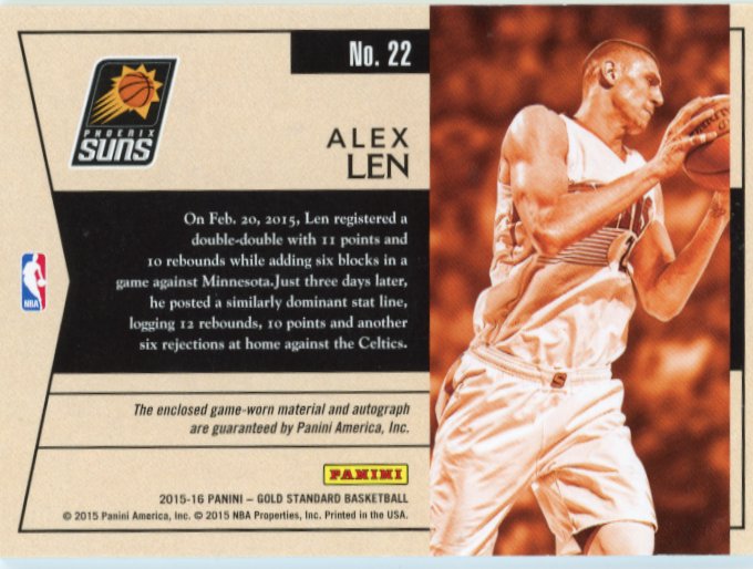 2015/16 Panini Gold Standard Alex Len Good as Gold #22 - Autograph Relic #/49 Suns
