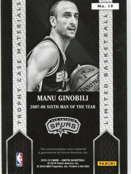 2015/16 Panini Limited Manu Ginobili Trophy Case Materials #19 - Relic #/25 Spurs