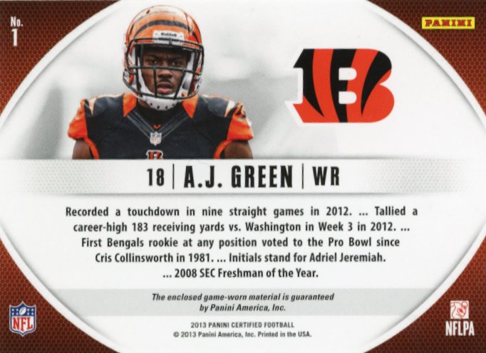 2013 Panini Certified A.J. Green Certified Skills #1 - Relic #/199 Bengals