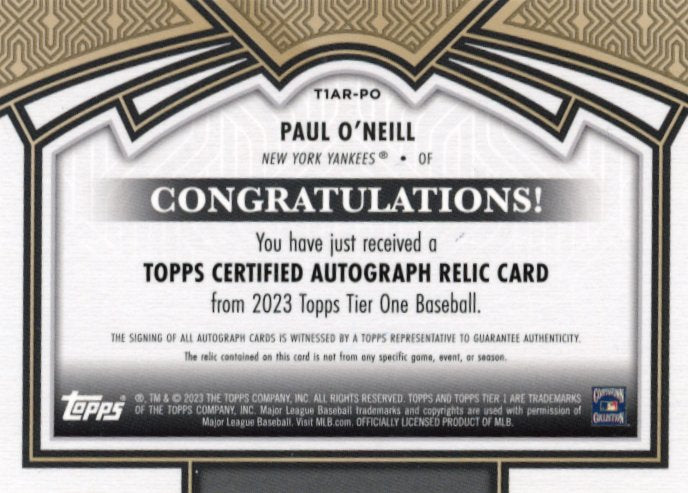 2023 Topps Tier One Paul O'Neill #T1AR-PO - Autograph Relic Yankees