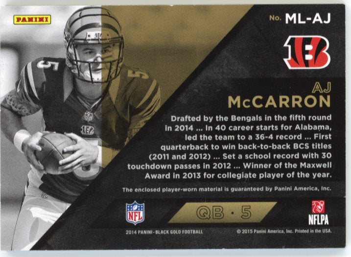 2014 Panini Black Gold AJ McCarron RC #ML-AJ - #/299 Relic Bengals