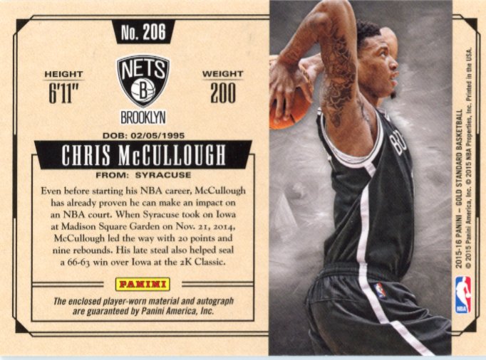 2015/16 Panini Gold Standard Chris McCullough RC #206 - Autograph Relic #/199 Nets